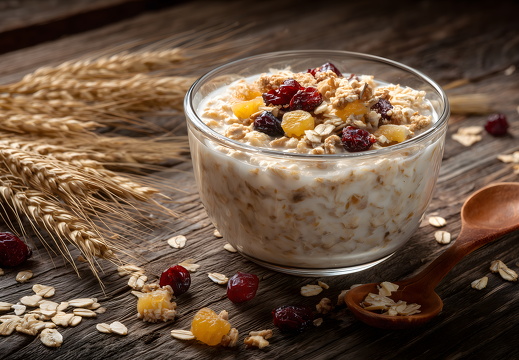 Porridge mit gemischtem Müsli und Nüssen in Glasschüssel