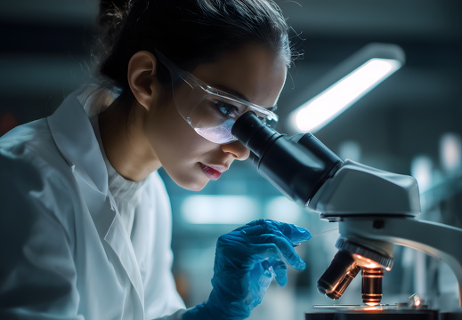 Junge Forscherin im Labor mit Mikroskop bei Analyse