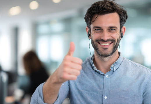Support Agent zeigt Daumen hoch im Büro