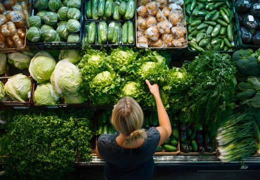 Frau kauft frisches Gemüse in der Obst und Gemüseabteilung von oben