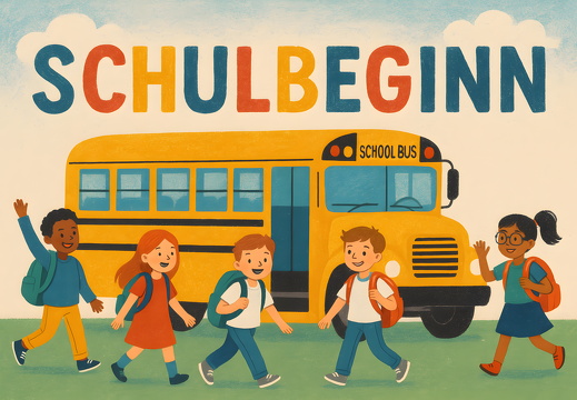 Fröhliche Kinder vor Schulbus zum Schulbeginn