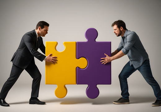 Zwei Männer schieben große Puzzleteile zusammen