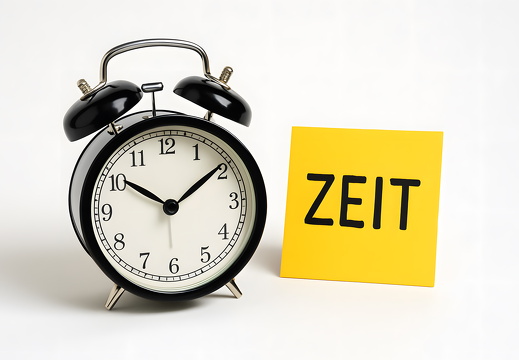 Wecker neben gelbem Schild mit dem Wort Zeit