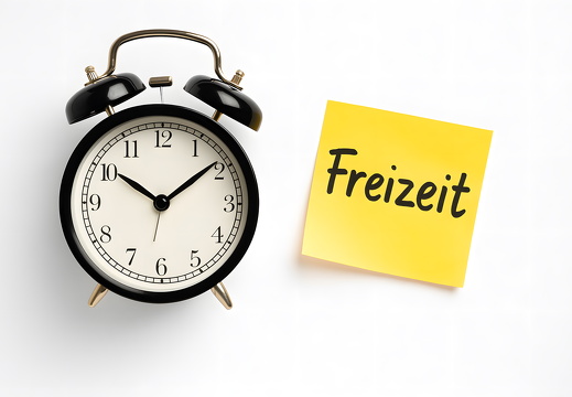 Retro Wecker mit gelbem Freizeit Schild von oben