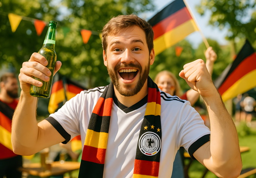 Fußballfan mit Deutschlandfahne und Bier feiert