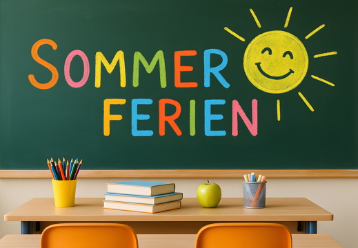 Sommerferien Text auf Schultafel mit Apfel und Büchern