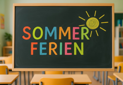 Sommerferien in bunter Kreide auf Tafel im Klassenzimmer