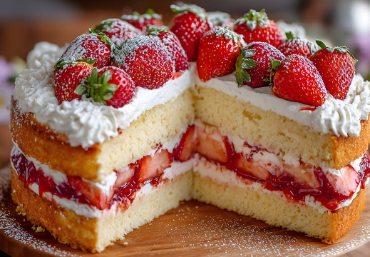 Erdbeertorte mit Sahne und Marmelade auf Holztisch
