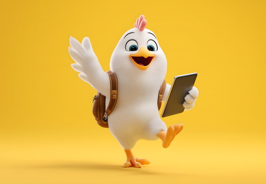 Weißes Cartoon-Huhn mit Rucksack und Tablet