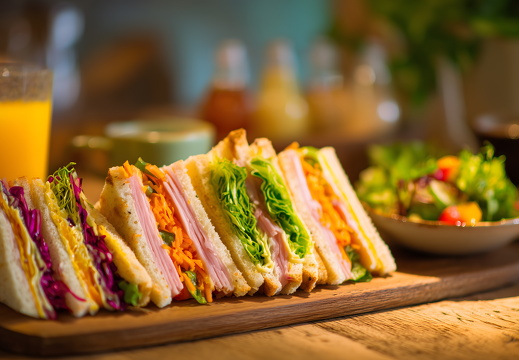 Frische Sandwiches mit Gemüse und Schinken auf Tisch