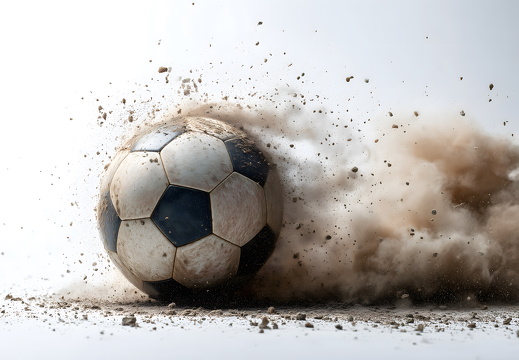 Fußball zerschmettert Staubwolke isoliert auf Weiß