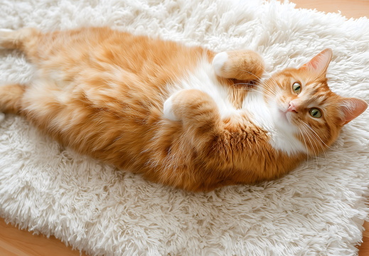 Orange Katze liegt ausgestreckt auf weichem Teppich