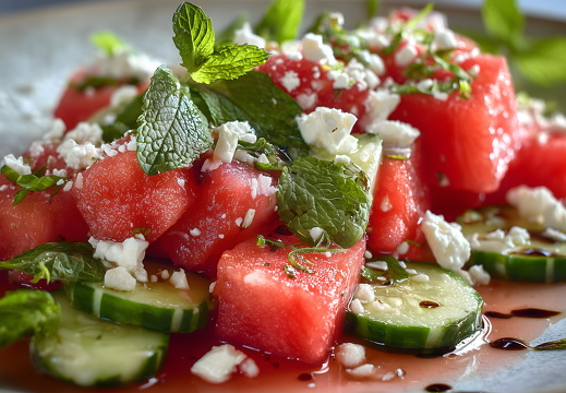 Wassermelonen-Gurkensalat mit Minze und Feta auf Teller
