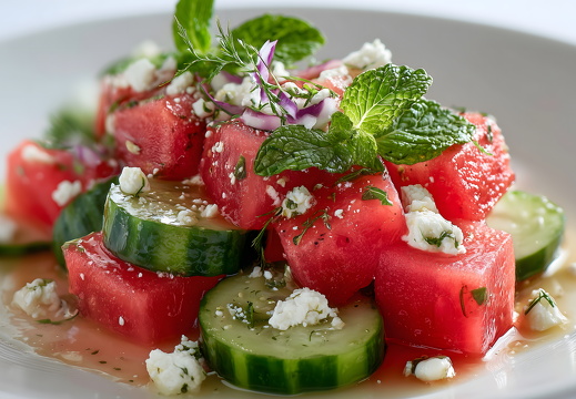 Gurken-Wassermelonen-Salat mit Feta Zwiebel und frischen Kräutern