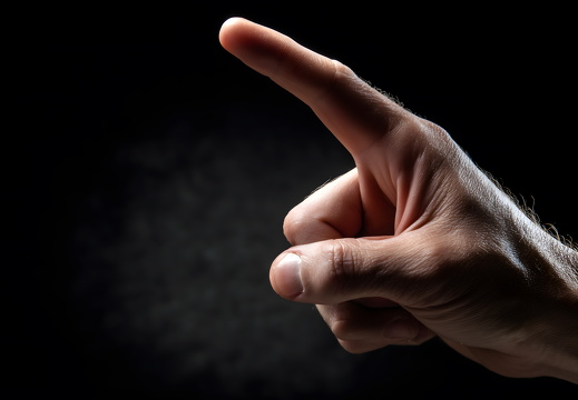 Zeigefinger Handgeste nach oben mit Licht auf Schwarz