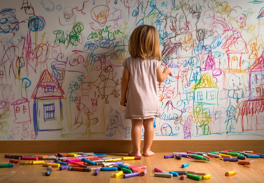 Kind malt mit Buntstiften auf weißer Wand
