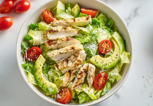 Salat mit gegrilltem Hähnchen Avocado und Tomaten