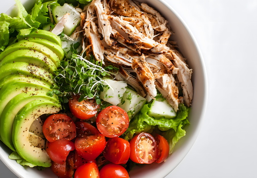 Proteinbowl mit Avocado Tomaten Gurke und Hähnchenstreifen