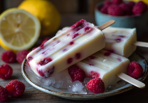 Joghurteis mit Himbeeren und Zitrone auf Eiswürfeln