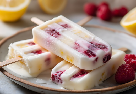 Joghurteis mit Himbeeren und Zitrone auf hellem Hintergrund