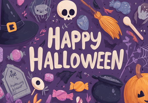 Halloweenkarte mit Hexenhut Besen und Kürbis