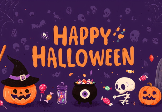 Halloweenkarte mit Kürbis Hexe Skelett und Süßigkeiten