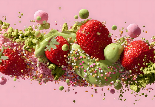 Erdbeeren mit Matcha und Süßigkeiten auf rosa Hintergrund