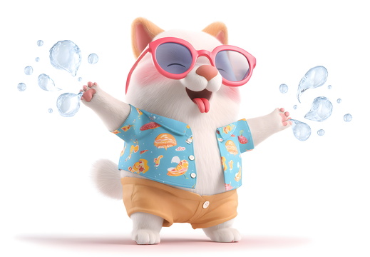 Weißer Hund mit Sonnenbrille und Hawaiihemd spritzt Wasser