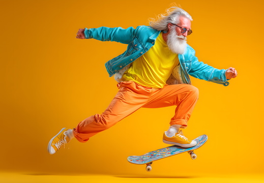 Alter Skater springt dynamisch auf Skateboard vor gelbem Hintergrund