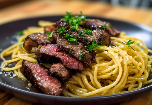 Steak mit Spaghetti auf schwarzem Teller angerichtet