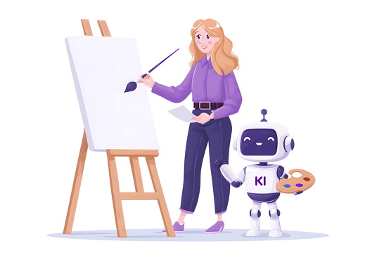 Frau malt mit Pinsel auf Leinwand neben KI-Roboter mit Farbpalette