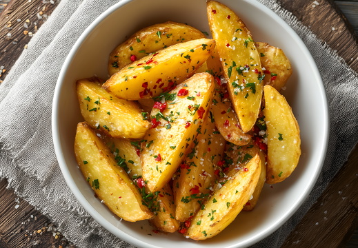 Kartoffelspalten mit Gewürzen in weißer Schale serviert