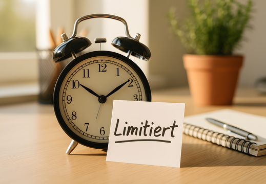 Wecker mit Schild Limitert auf Schreibtisch im Tageslicht