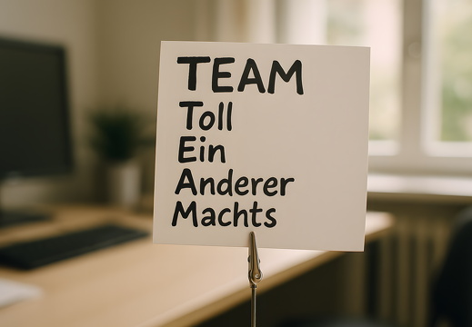 aSchild mit TEAM Spruch Toll Ein Anderer Machts im Büroe mit Spruch in Halterung
