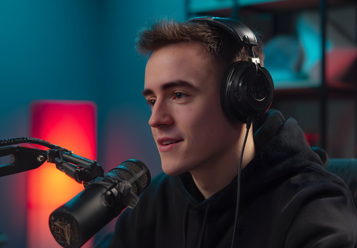 Streamer mit Kopfhörer spricht in Mikrofon im Studio mit bunter Beleuchtung