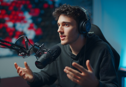 YouTuber mit dunklem Hoodie spricht in Mikrofon im Studio