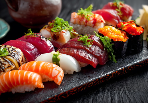 Bunte Sushi Platte mit verschiedenen Nigiri auf schwarzem Teller