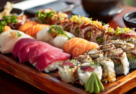 Frische Sushi Platte mit Maki und Nigiri auf Holztablett