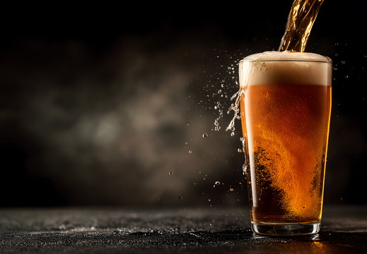 Bier mit Schaum wird in Glas gegossen auf dunklem Hintergrund