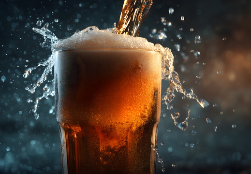 Bier spritzt beim Einschenken in Glas mit kühlem Licht