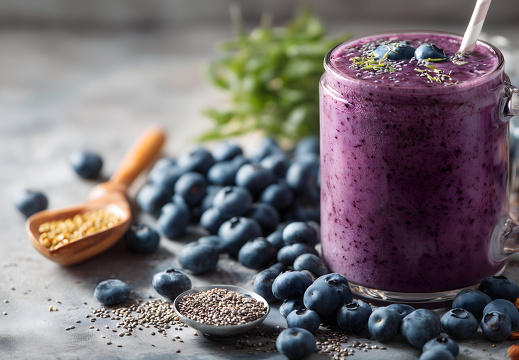 Blaubeer Smoothie mit Chiasamen und frischen Beeren auf Tisch