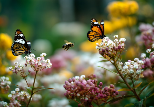 Schmetterlinge und Biene auf blühender Sommerwiese