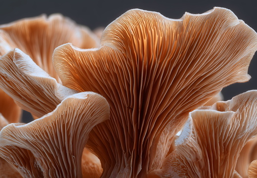 Makroaufnahme von Pilzlamellen in Beige