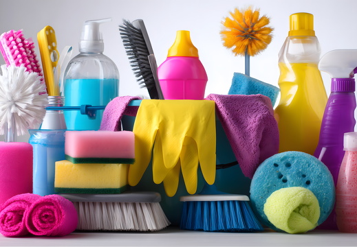 Reinigungsmittel und Zubehör vor hellem Hintergrund