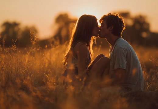 Paar küsst sich im Sonnenuntergang auf dem Feld