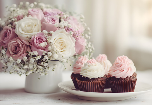 Cupcakes mit Blumenstrauß auf Tisch