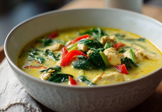 Cremige Curry-Kokos-Suppe mit Spinat und Paprika