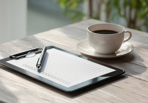 Digitale Checkliste auf Tablet mit Kaffeetasse