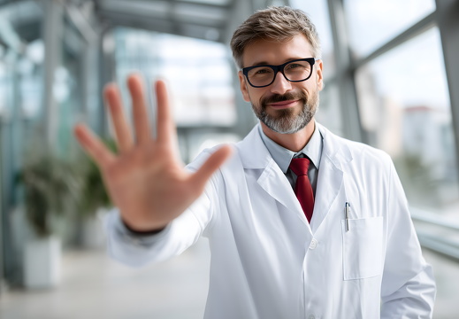 Arzt mit Stopp-Geste und Lächeln