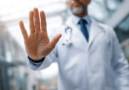 Arzt mit ausgestreckter Hand zum Stopp